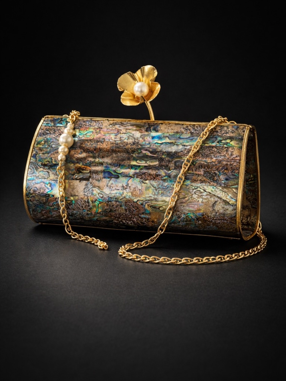 Gold-Trim Abalone Shell Evening Clutch with Floral Pearl Accent - Picture 6 of 7